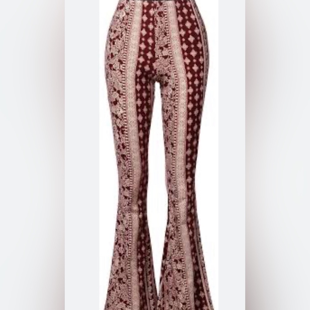 VIBE SPORTSWEAR - Flare Pants Bohemian Vintage Style in Burgundy Cream- S